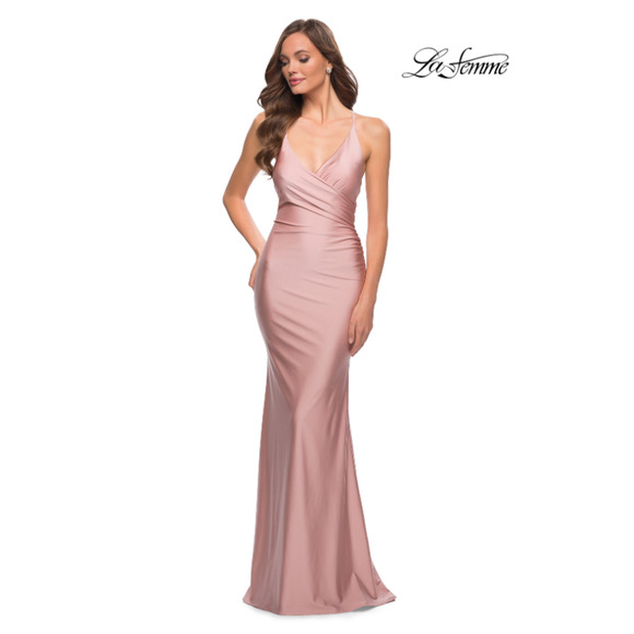 LA FEMME 29848 Jersey Long Gown 2 Pink Mauve Faux Wrap V Neck Prom Dress NWT - Picture 1 of 16